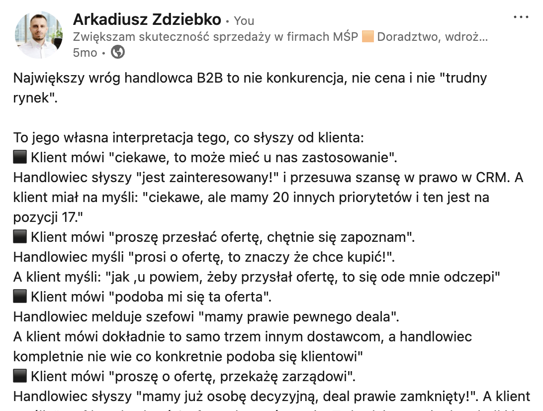 Zrzut ekranu z feedu LinkedIn Arkadiusza Zdziebko