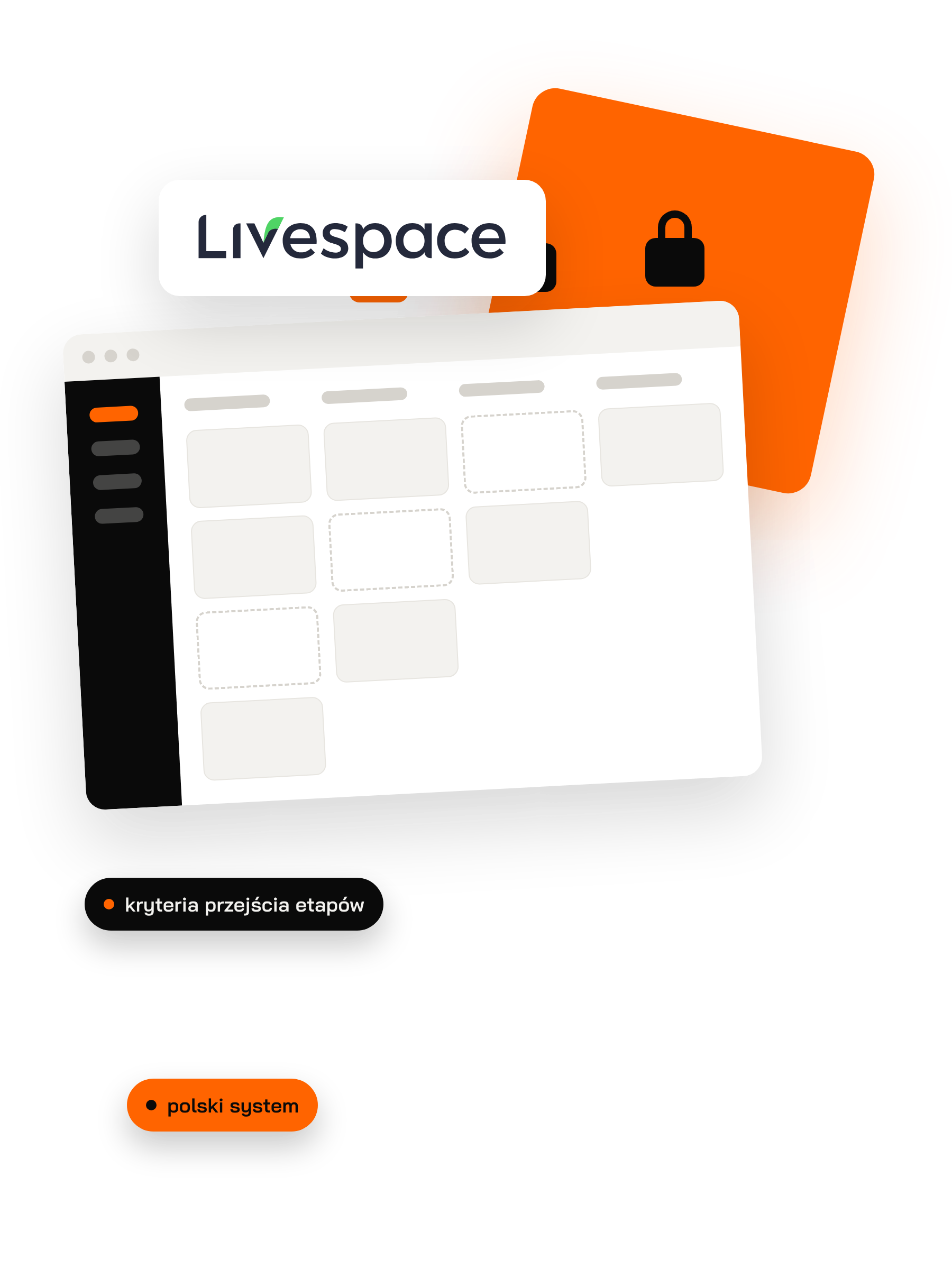 Logo Livespace i okno systemu CRM z etapami zabezpieczonymi kryteriami przejścia; polski system CRM