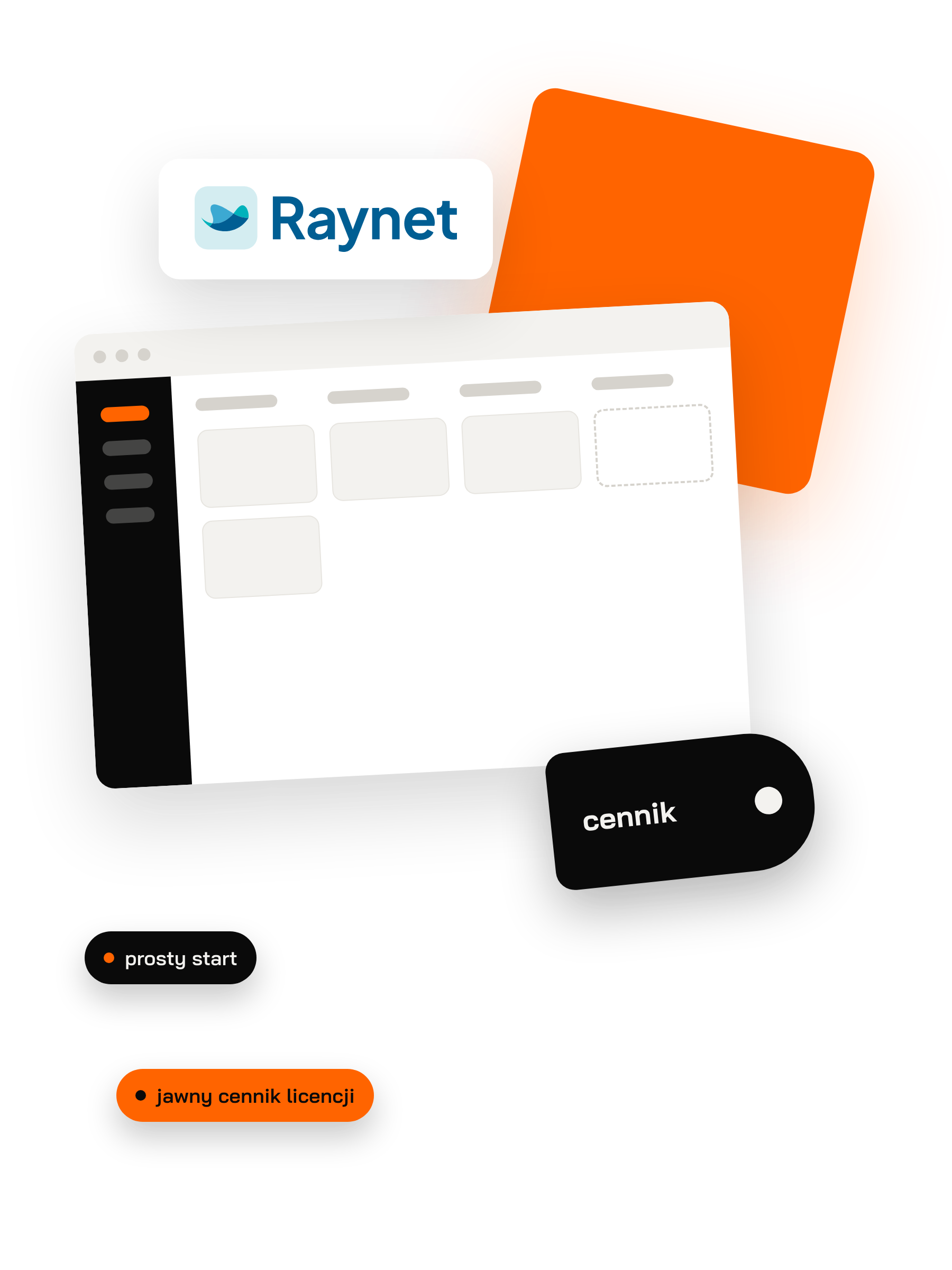 Logo Raynet, prosty system CRM i metka z jawnym cennikiem licencji