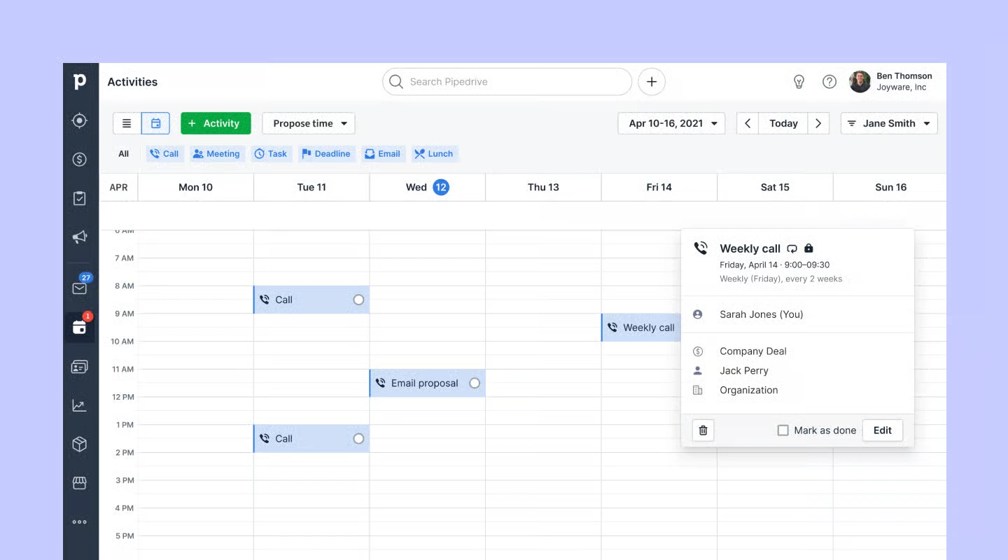 Zrzut ekranu: skrzynka e-mail i kalendarz zintegrowane z CRM Pipedrive