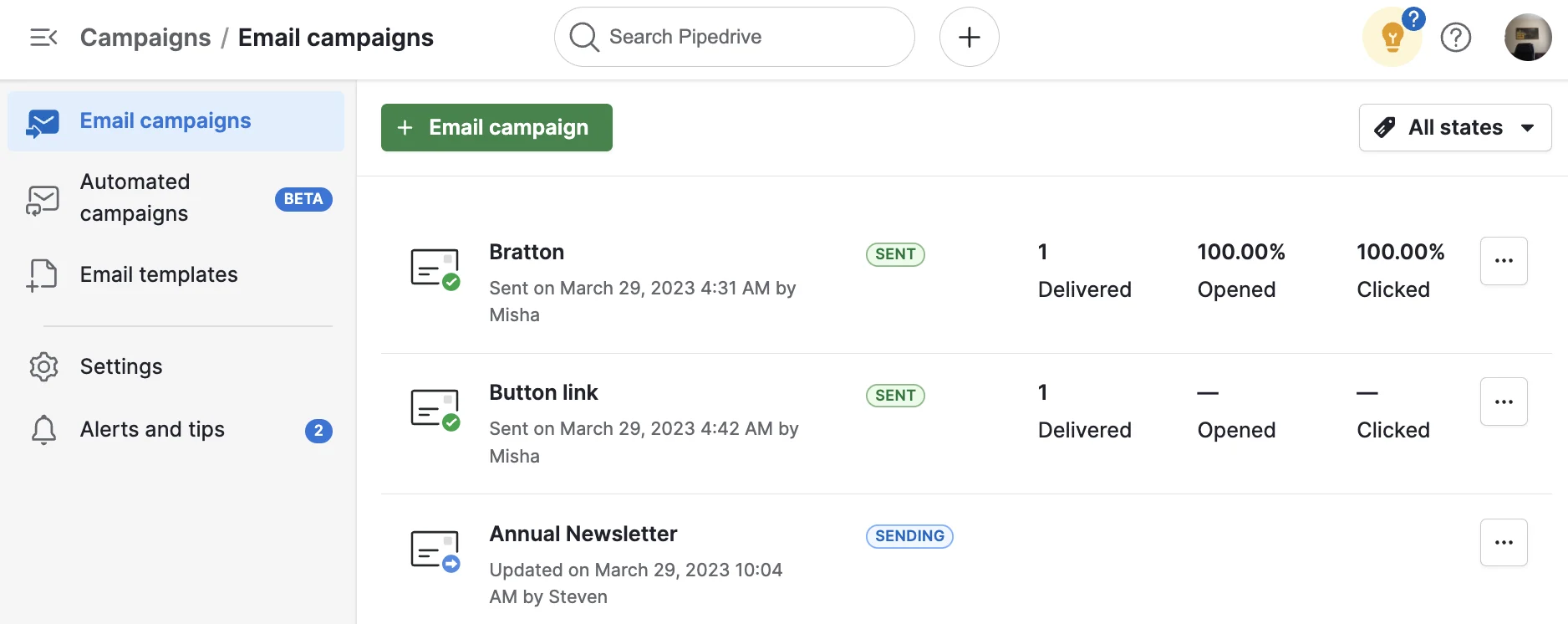 Zrzut ekranu: moduł Campaigns w Pipedrive — kreator kampanii e-mail i newsletterów