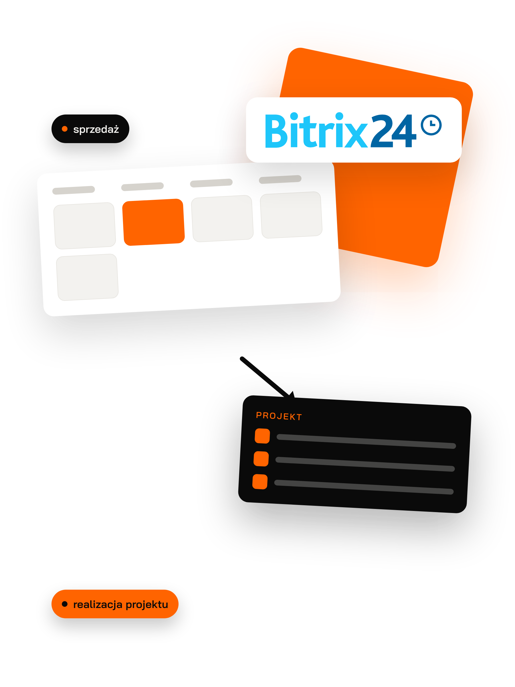 Logo Bitrix24 oraz lejek sprzedaży, z którego wygrana transakcja przechodzi do projektu z zadaniami