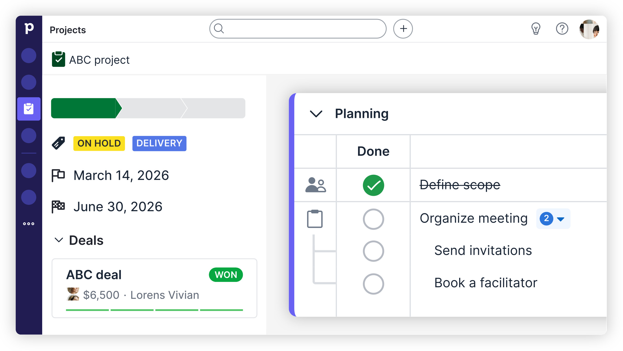 Zrzut ekranu: moduł Projects w Pipedrive — realizacja zlecenia po wygranym dealu