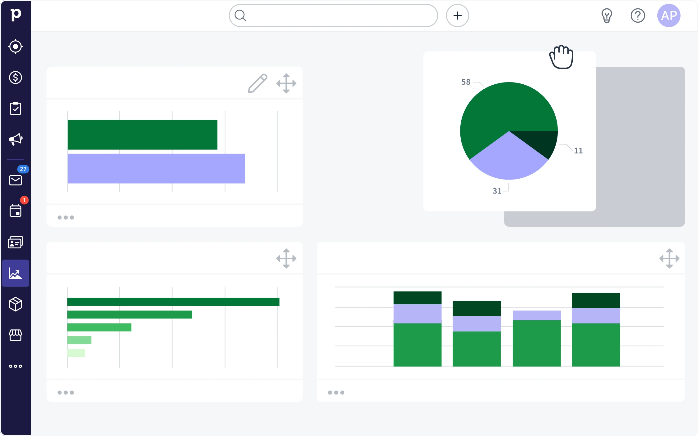 Zrzut ekranu: pulpit Insights w Pipedrive — prognoza sprzedaży i konwersja między etapami