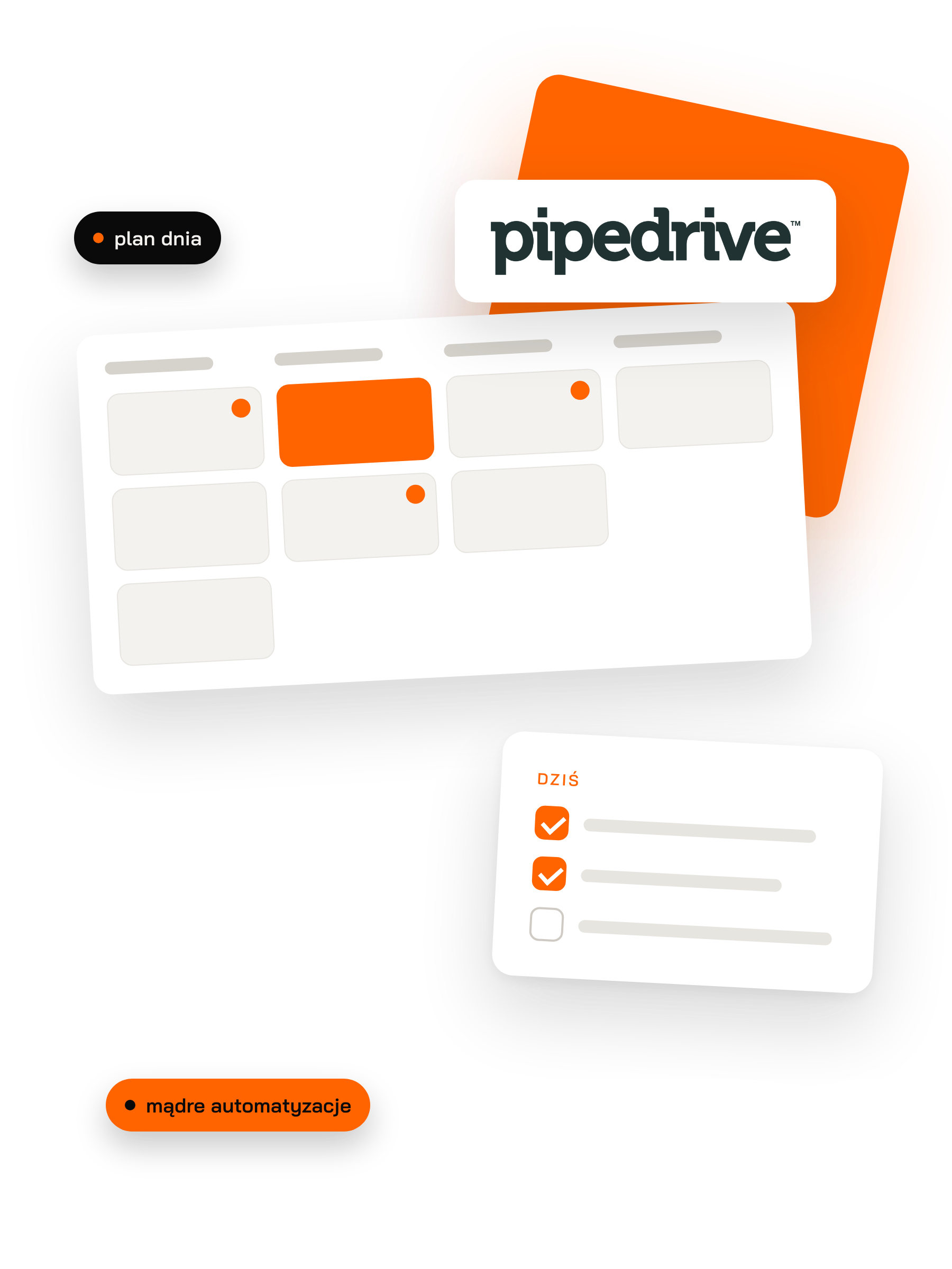 Logo Pipedrive, lejek w Pipedrive z transakcjami i przypomnieniami oraz lista zadań na dziś: plan dnia i mądre automatyzacje