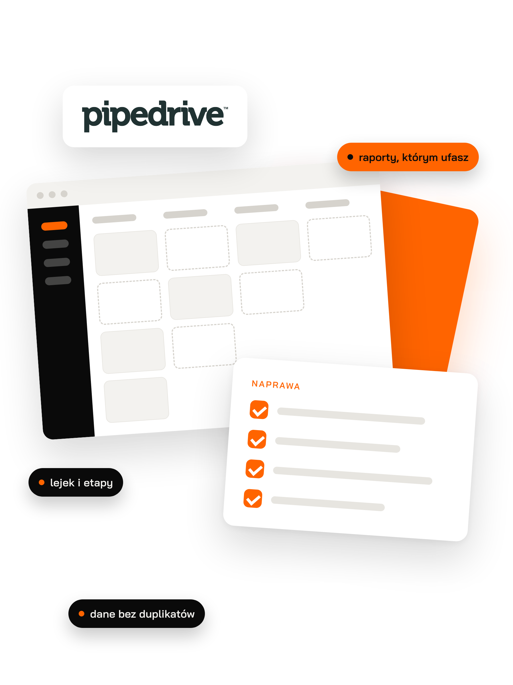 Okno Pipedrive z pustymi polami i karta naprawy z odhaczonymi punktami: lejek i etapy, dane bez duplikatów, raporty, którym ufasz; logo Pipedrive