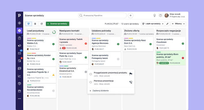 Zrzut ekranu Pipedrive po polsku: tablica szans sprzedażowych w etapach lejka z wartością szans i aktywnościami